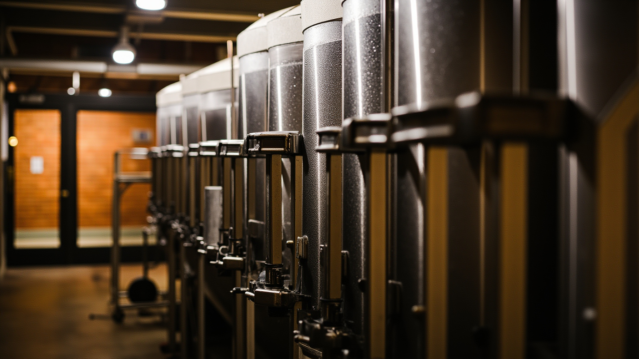 Rows of stainless steel brewing fermentation tanks inside a New Westminster craft brewery