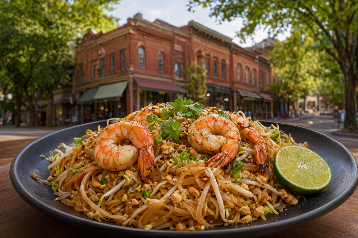 a plate of pad thai with prawns and lime at Patsara Thai Restaurant, with the heritage shopfronts of Carnarvon Street in uptown New Westminster softly blurred behind