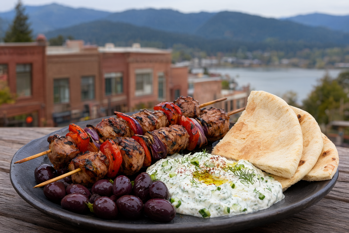 Greek mezze with souvlaki, tzatziki and pita at Taverna Greka Restaurant, with Columbia Street storefronts with the Fraser River flats beyond softly blurred behind