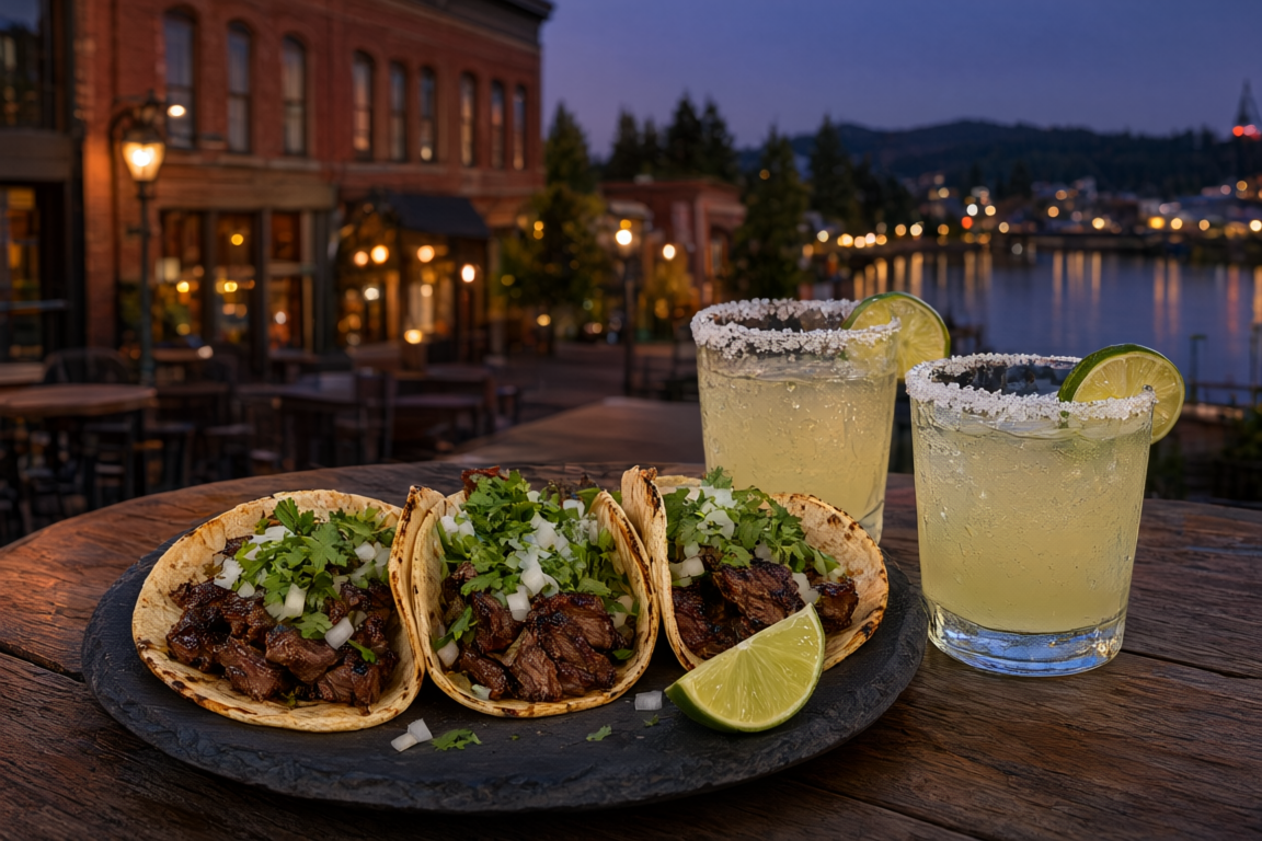 carne asada tacos with margaritas at El Santo, with the brick storefronts of Columbia Street in New Westminster softly blurred behind