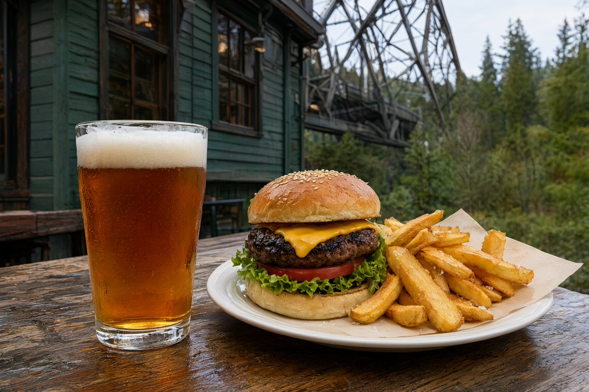 a pint of amber ale with a pub burger and chips at The Terminal Pub, with the heritage Terminal Pub building and the Alexandra Bridge softly blurred behind