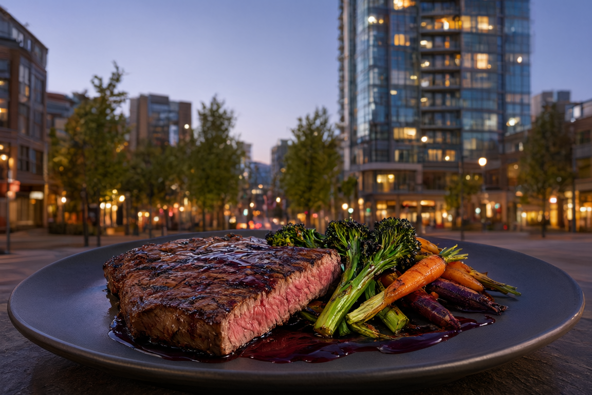 a plated steak bistro main with roasted vegetables at Match Eatery & Public House, with downtown New Westminster towers and street trees softly blurred behind