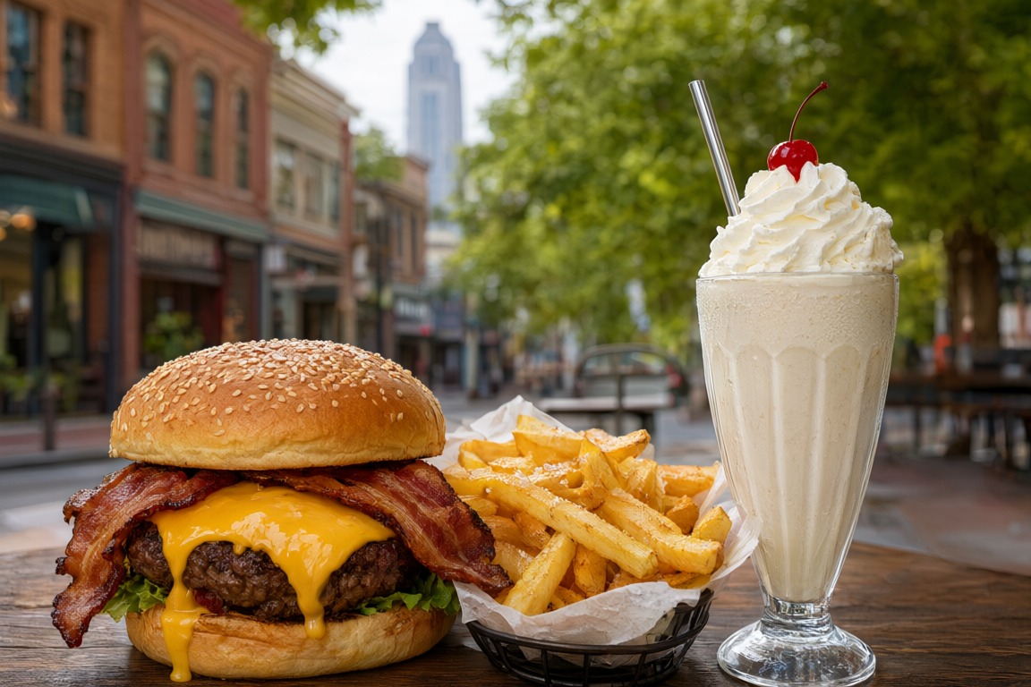 a bacon cheeseburger with fries and a milkshake at Burger Heaven Restaurant, with the vintage shopfronts of Westminster Avenue in uptown New Westminster softly blurred behind