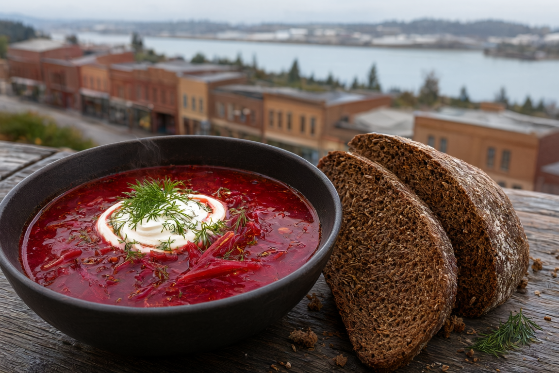 a bowl of borscht with sour cream and dark rye bread at Kozak Ukrainian Eatery, with the brick storefronts of Brow of the Fort on 6th Street softly blurred behind