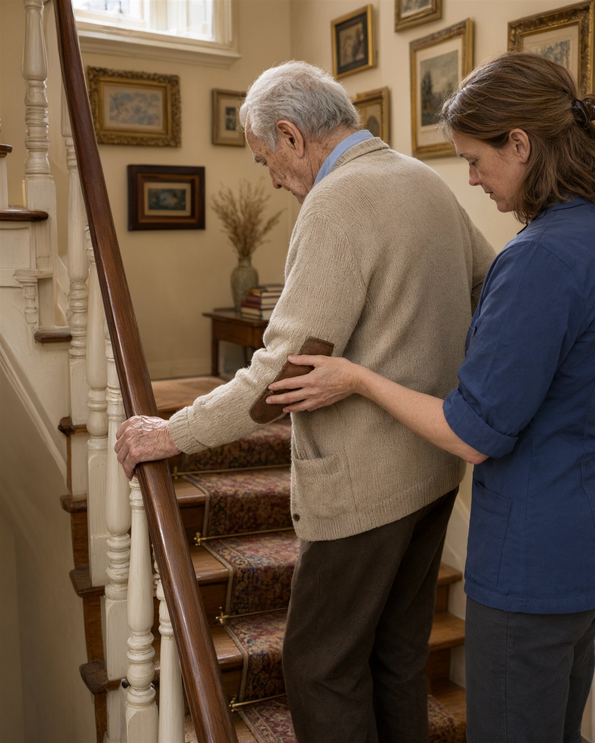 A caregiver steadying an older man on a staircase in an older home