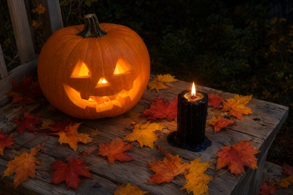 A carved pumpkin glowing on a wooden porch step at night beside a black pillar candle and autumn maple leaves