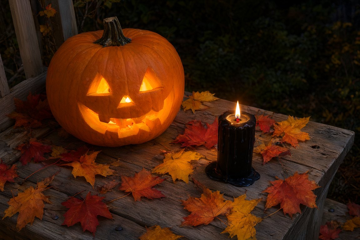 halloween newwestminster featured v3 Halloween Ideas and Events in New Westminster, BC A carved pumpkin glowing on a wooden porch step at night beside a black pillar candle and autumn maple leaves