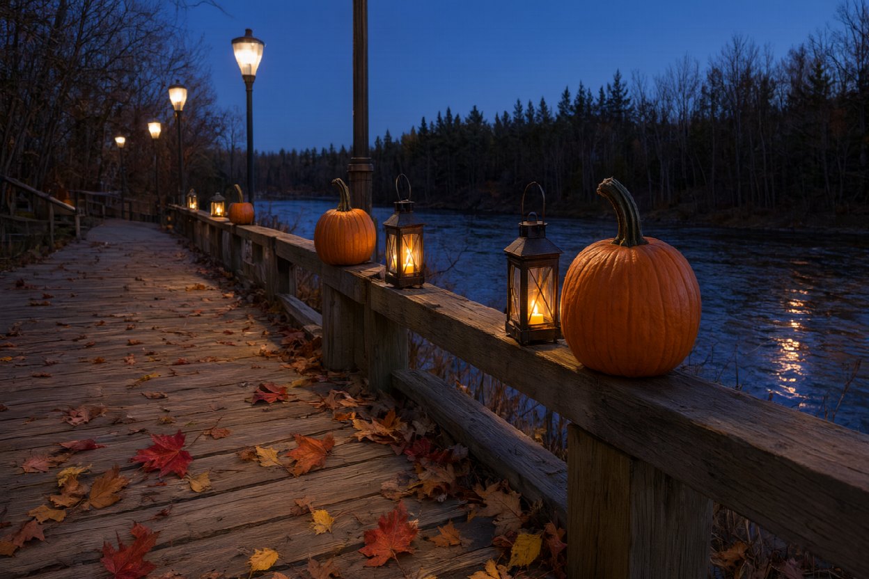 halloween newwestminster sec0 v3 Halloween Ideas and Events in New Westminster, BC A riverside boardwalk in early evening, a wooden railing along the water with warm lamp posts, pumpkins and small lanterns set on the rail posts, the river and far bank treeline beyond