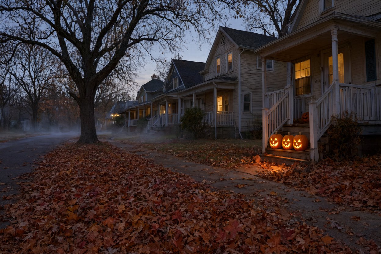 halloween newwestminster sec3 v3 Halloween Ideas and Events in New Westminster, BC A quiet residential street at dusk on October 31 with jack-o-lanterns glowing on porch steps and thick fallen leaves across the pavement