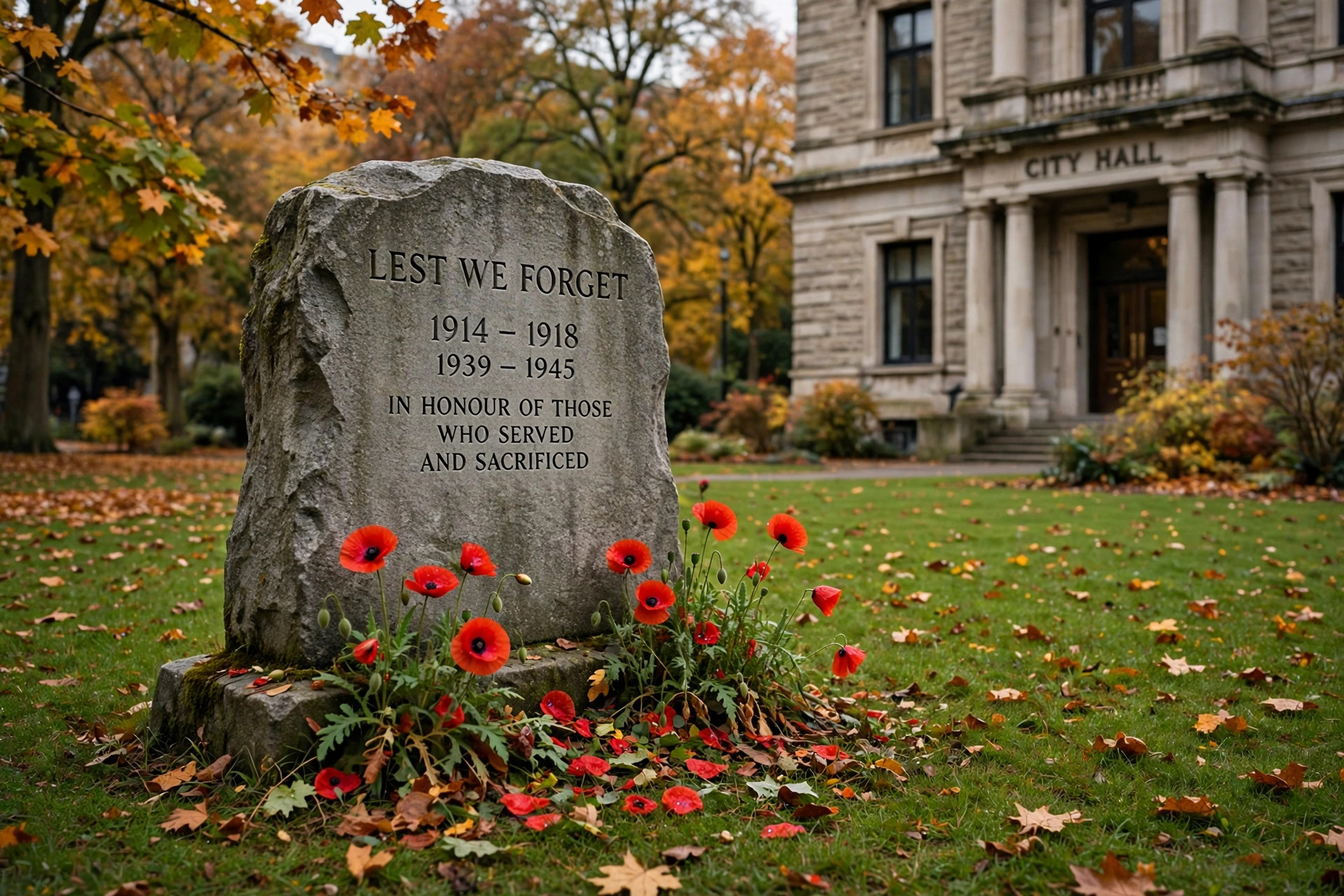 A stone memorial plaque with red poppies at its base beside a city hall lawn, autumn trees, no people