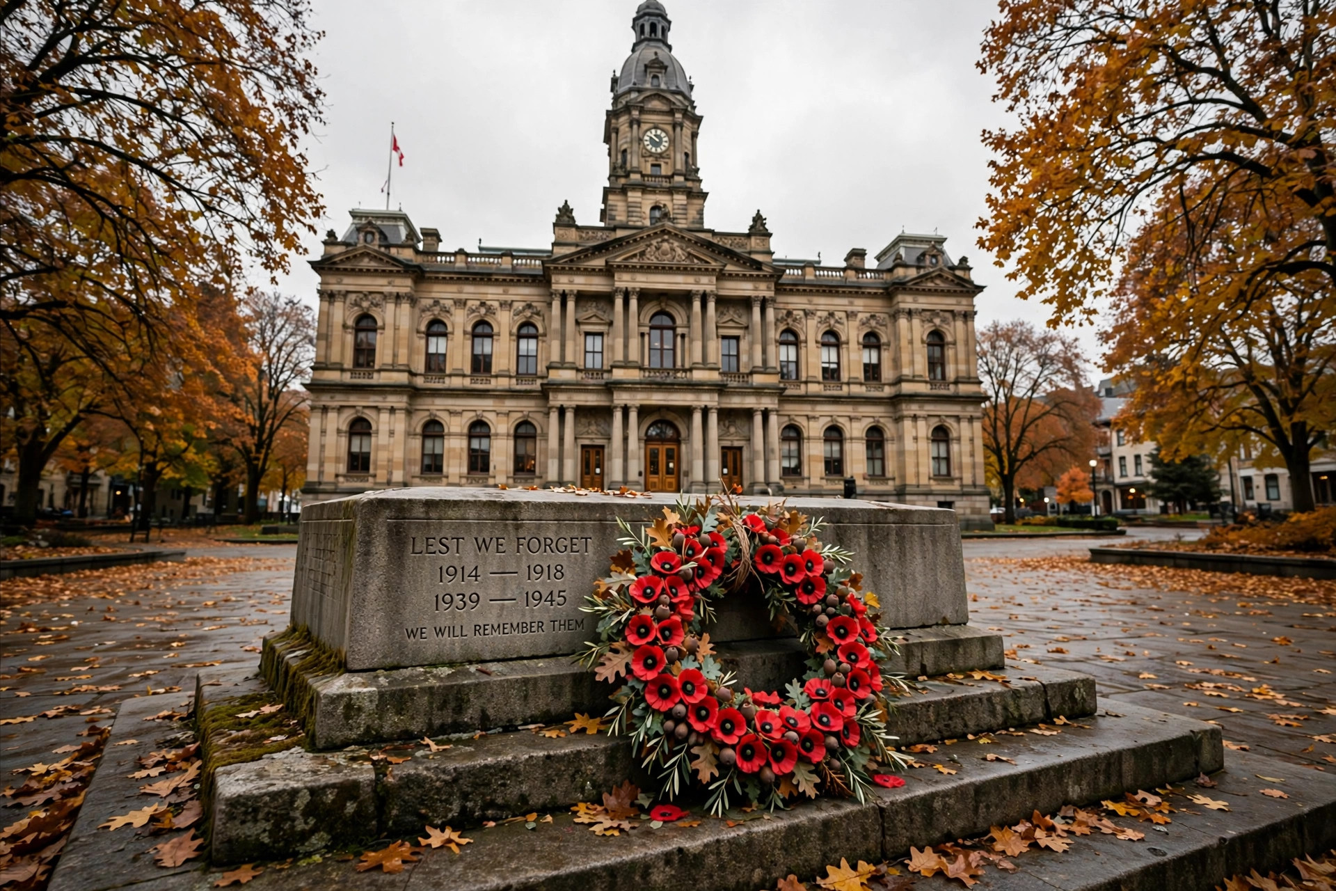 A red poppy wreath on a stone cenotaph in front of a historic city hall, autumn trees, no people
