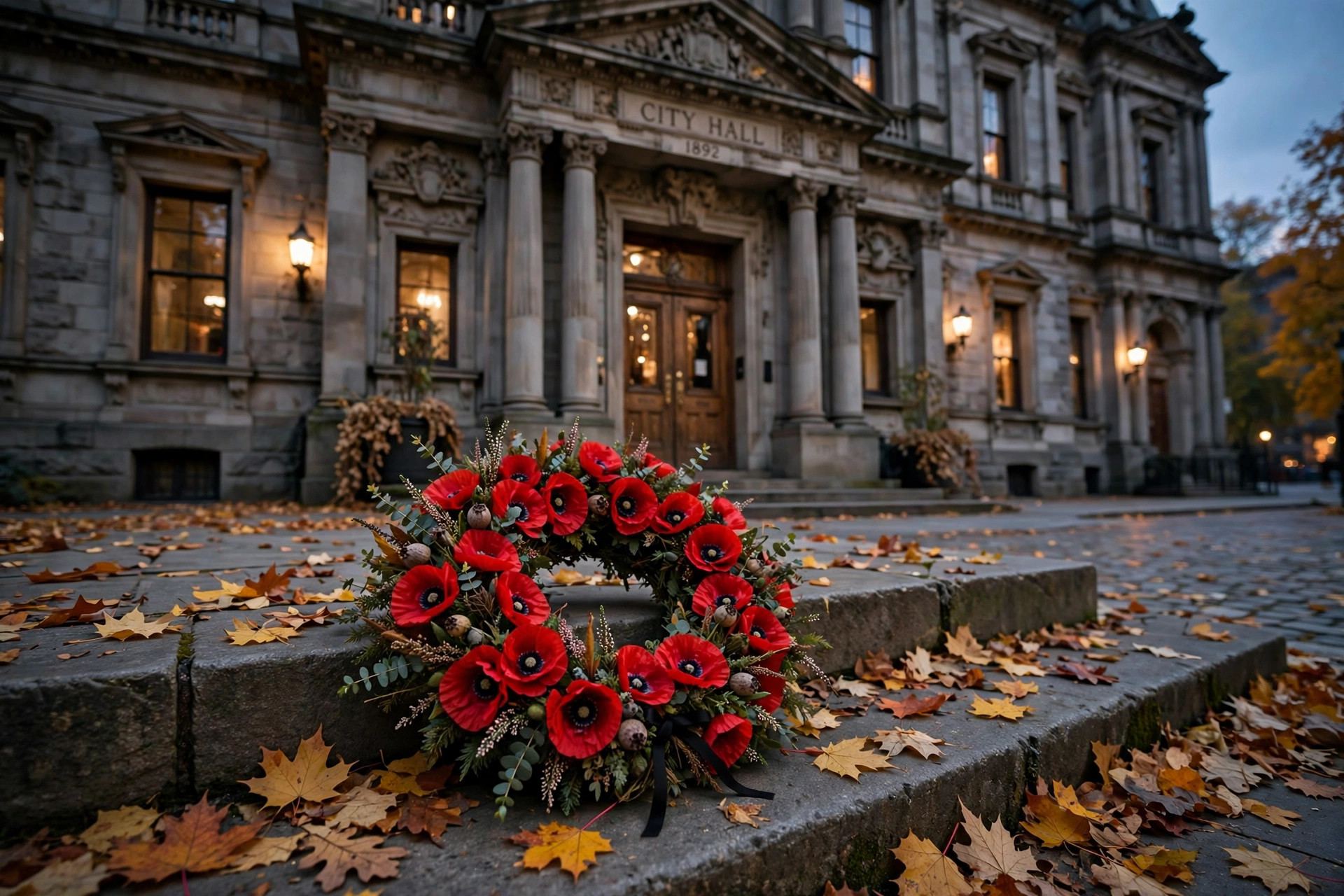 A red poppy wreath on a stone step in front of a historic city hall at dusk, autumn leaves, no people
