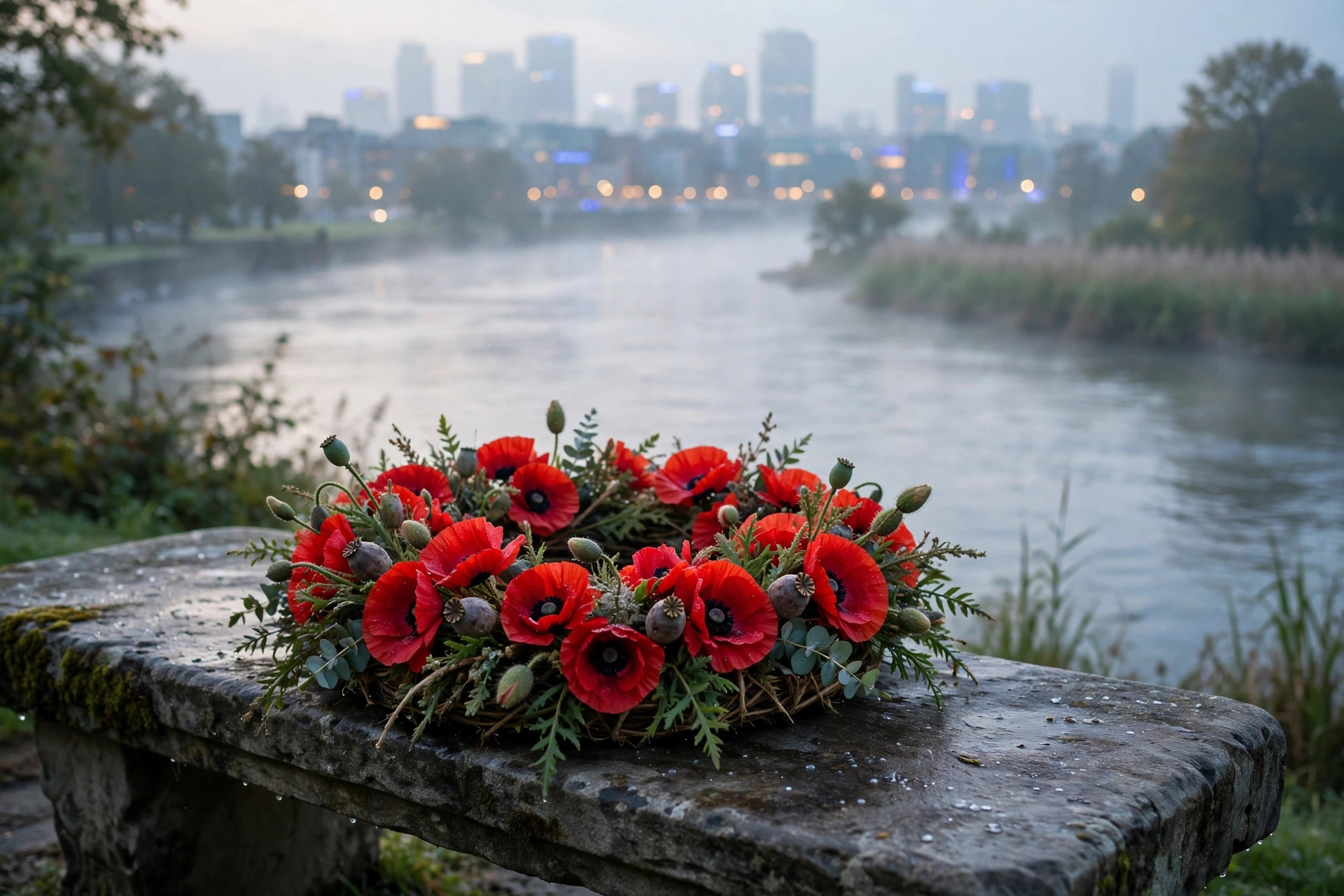A red poppy wreath on a stone bench overlooking a river at dawn, city skyline blurred behind, no people